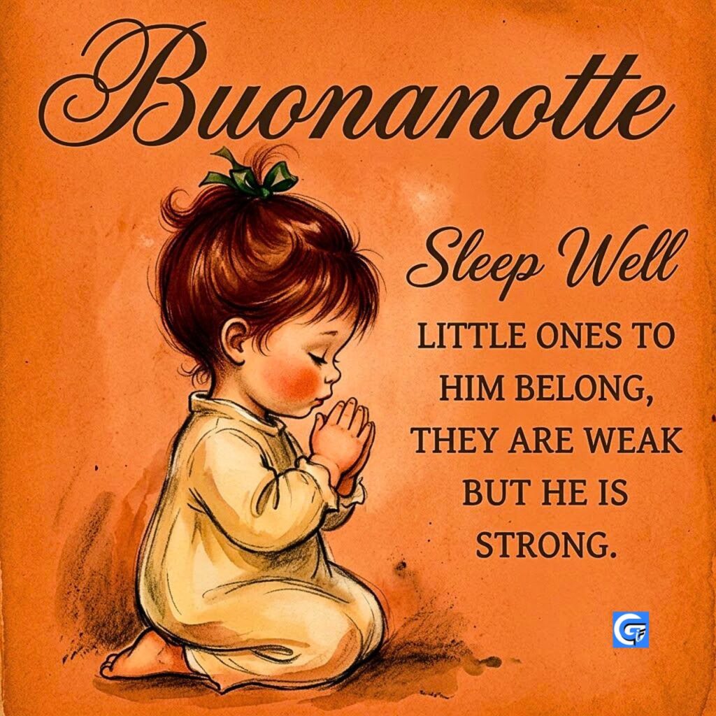 Bambina a auburn inginocchiata in preghiera su carta terracotta, con testo Buonanotte e inno inglese.