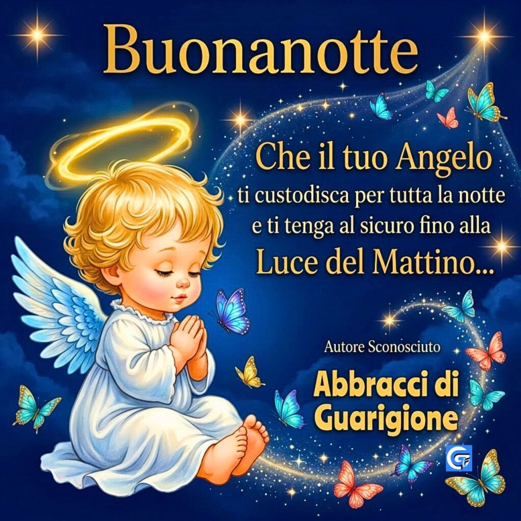 Angelo prega su nuvola con testo Buonanotte, Abbracci di Guarigione e preghiera Luce del Mattino.