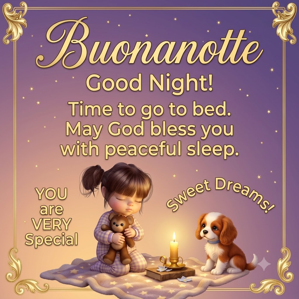 Bambina in pigiama prega con orsetto e cane Cavalier Spaniel su trapunta stellata; testo "Buonanotte" e "Time to go to bed".