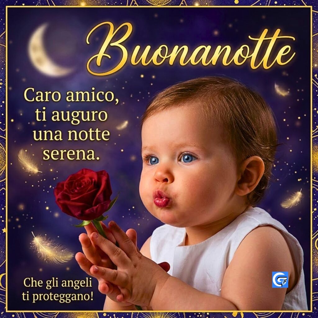 Bambino bacia rosa sotto stelle con testo 'Buonanotte' e 'Che gli angeli ti proteggano!'