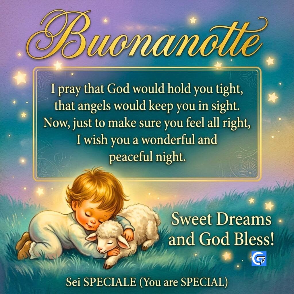 Cartolina vintage illustrata con neonato e agnello, testo Buonanotte e preghiera della sera.