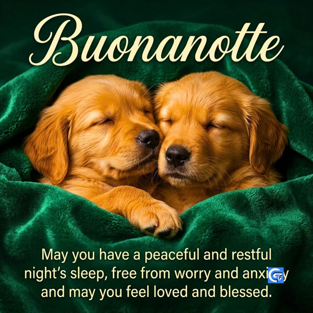 Due cuccioli Golden Retriever addormentati sotto velluto smeraldo con testo Buonanotte e frase inglese.