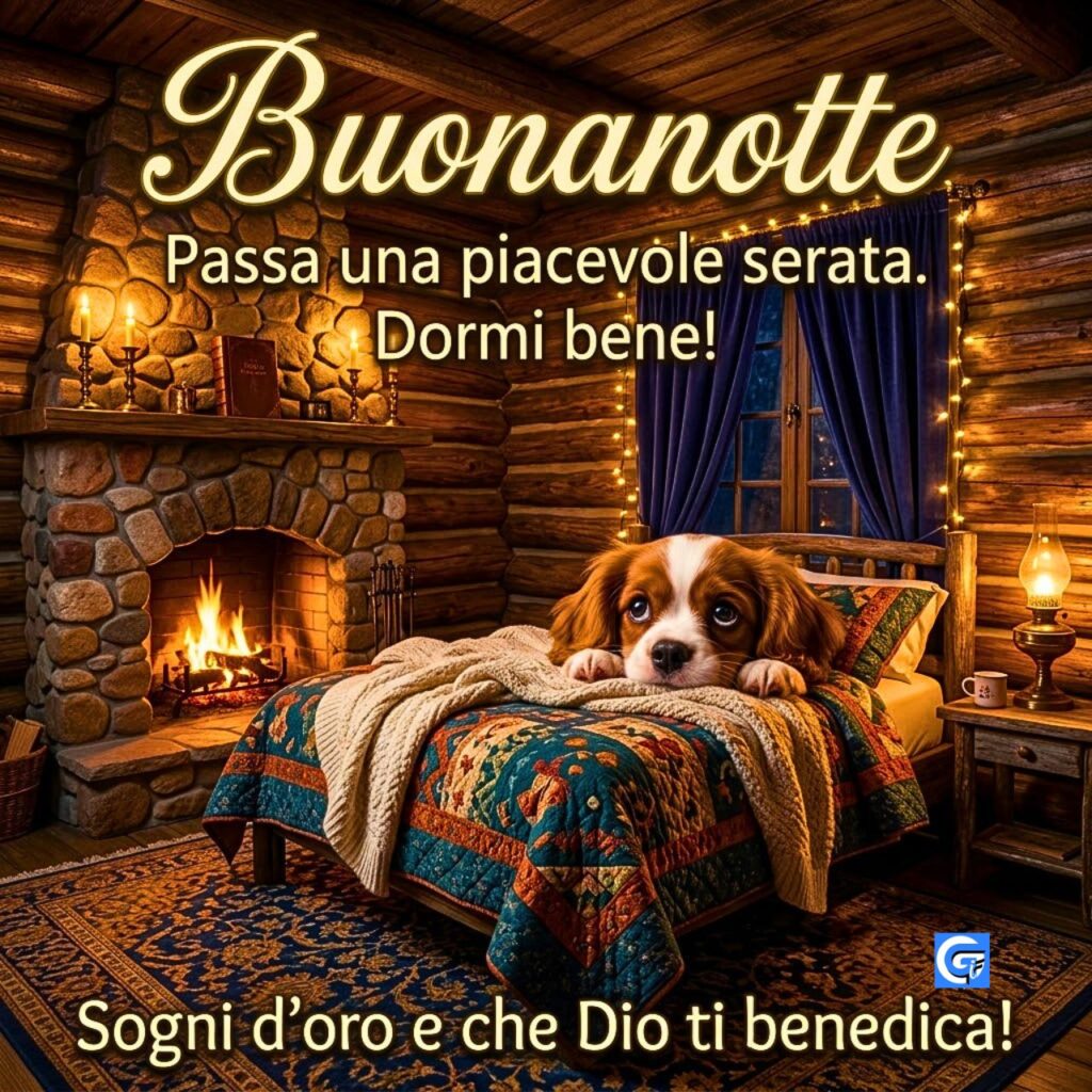 Cucciolo di Cavalier King Charles Spaniel rannicchiato su un letto rustico in cabina di tronchi con testo Buonanotte.