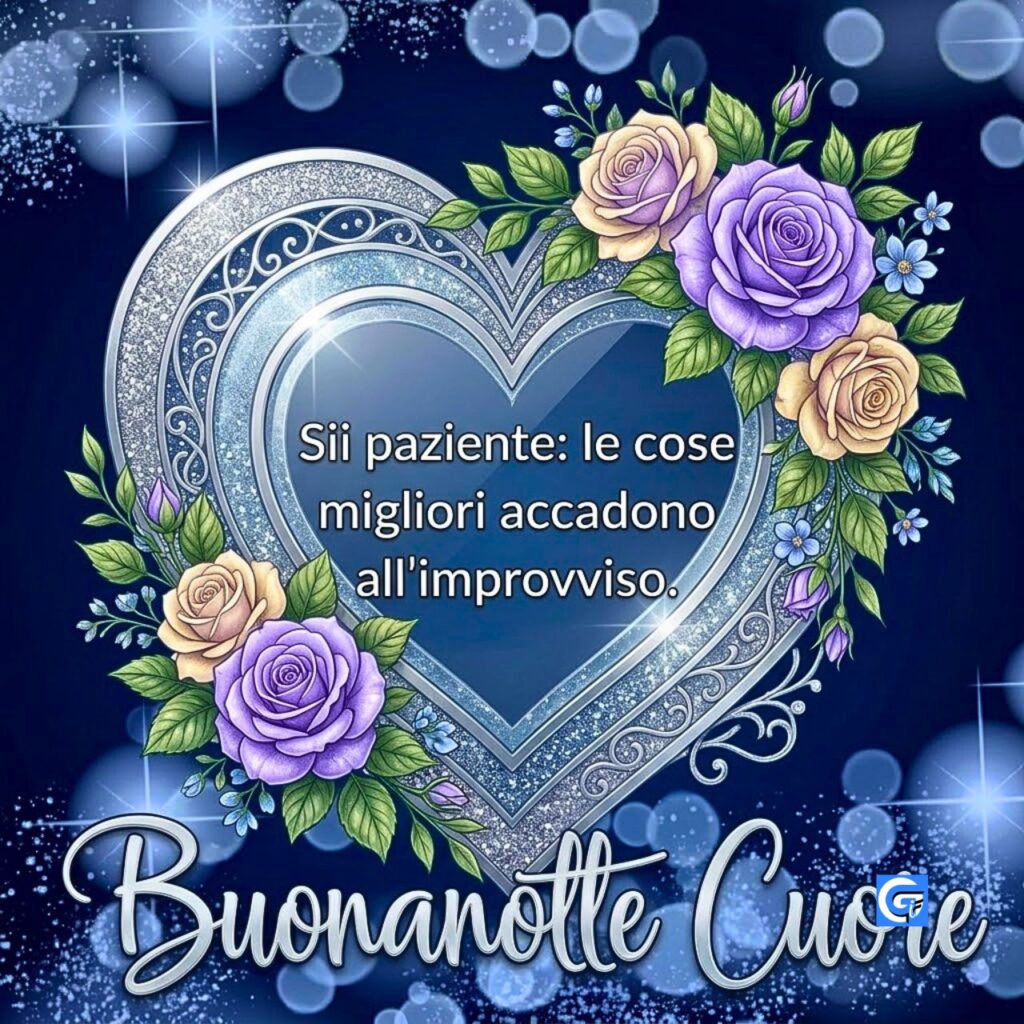 Cuore d'argento scintillante con rose lavanda, testo "Sii paziente" e "Buonanotte Cuore".