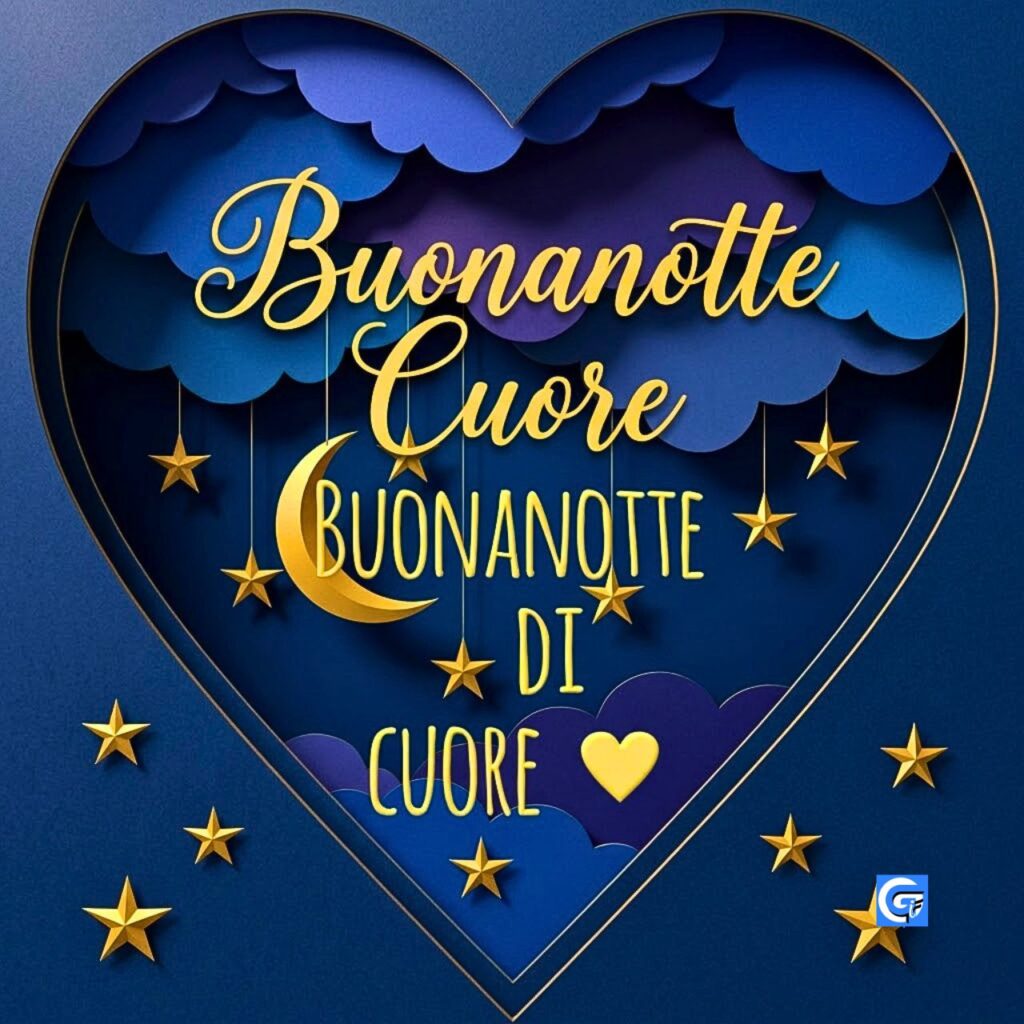 Arte papercut a forma di cuore con cielo notturno, nuvole e scritte Buonanotte Cuore.