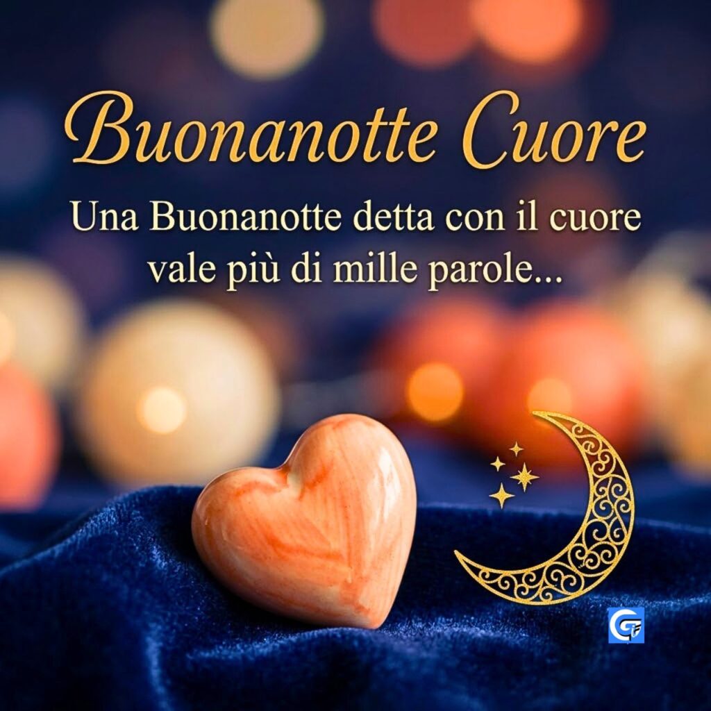 Cuore marmorizzato su velluto blu con luna d'oro e testo "Buonanotte Cuore".