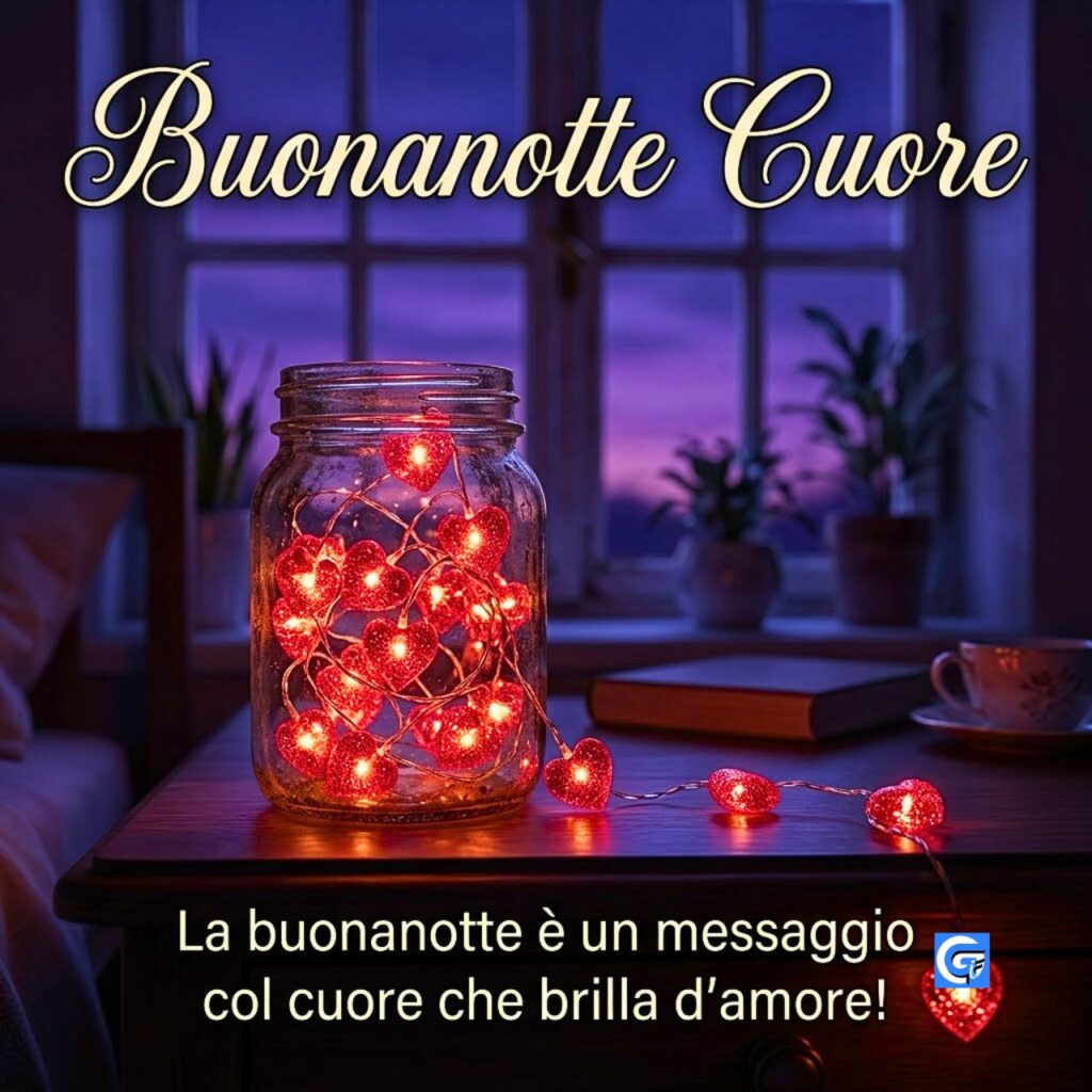 Barattolo di luci rosse a cuore su comodino con testo Buonanotte Cuore e messaggio d'amore.