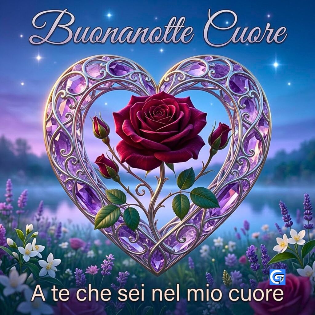 Cuore di ametista e filigrana con rosa rossa e testo Buonanotte Cuore e A te che sei nel mio cuore.