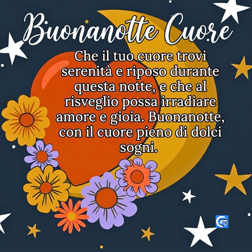 Cuore terracotta, luna, fiori, stelle su fondo scuro con testo Buonanotte Cuore e dolci sogni.