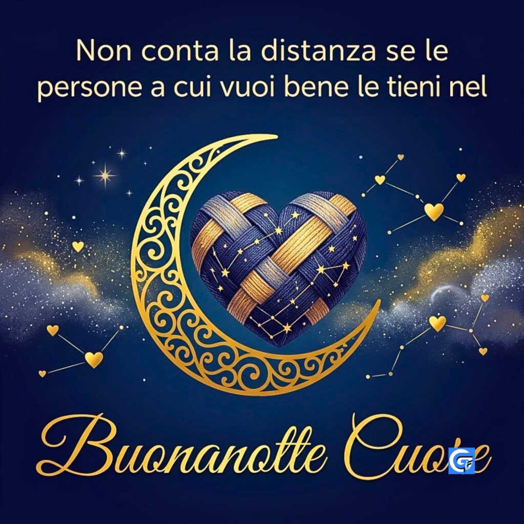 Cuore intrecciato in oro e blu con luna d'oro, stelle e testo Buonanotte Cuore.