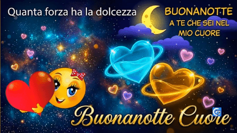 Cuori planetari scintillanti e sole che abbraccia un cuore rosso con testo Buonanotte.