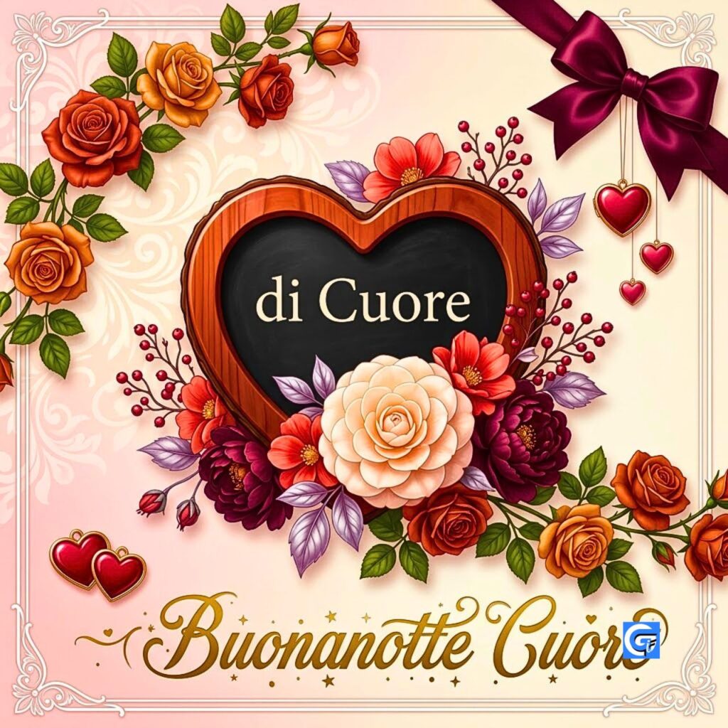 Fiori di camelia, rose, cuori e un cartello di legno con testo Buonanotte Cuore.