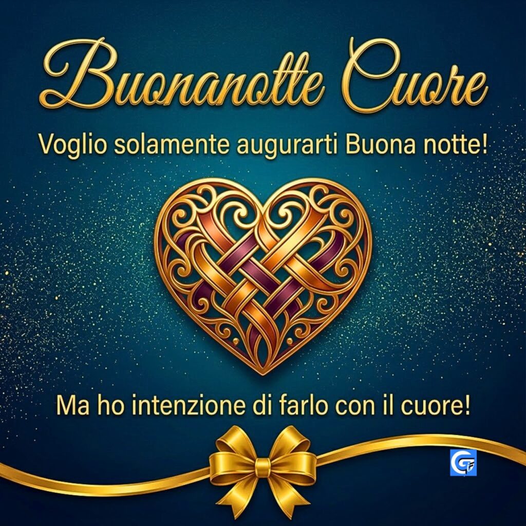 Sfondo stellato con cuore filigranato d'oro e testo "Buonanotte Cuore".