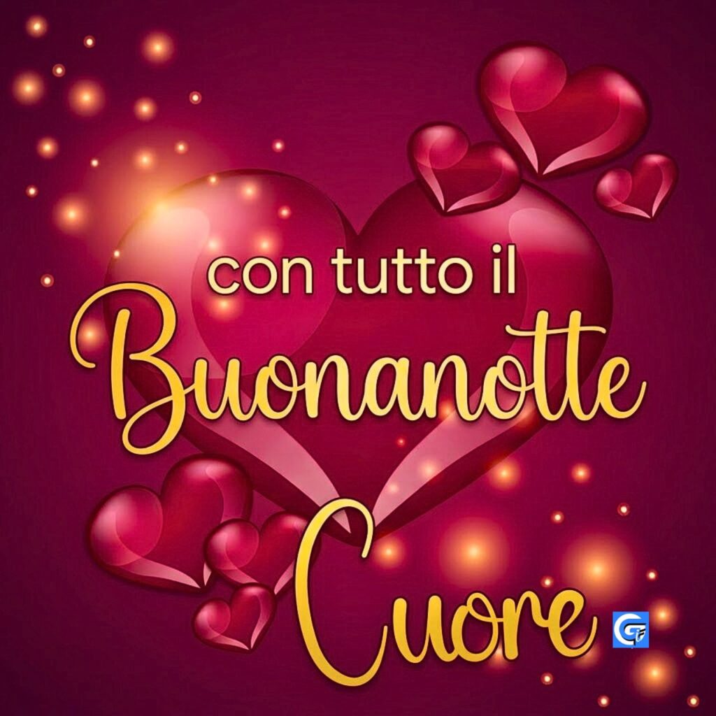 Dimensional glossy blood-red hearts in a swirling cluster on berry-burgundy background with gold script text Buonanotte Cuore.