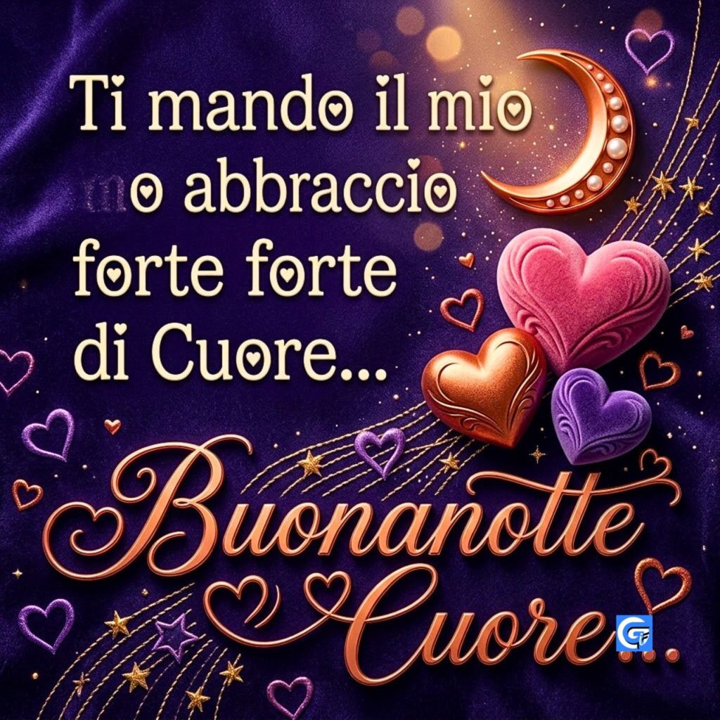 Luna, stelle e cuore stilizzato su sfondo blu, testo 'Buonanotte Cuore' in script oro.