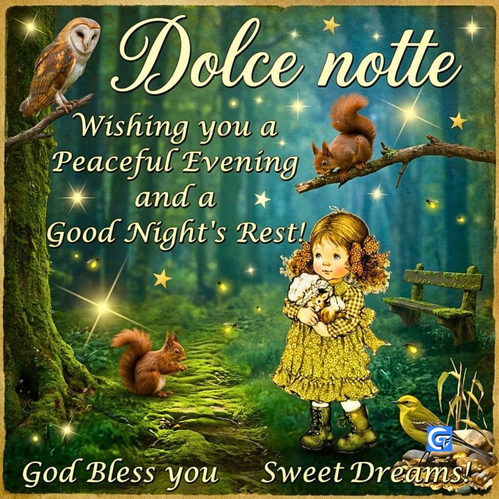 Cartolina vintage con bambina e animali nel bosco e il testo Dolce notte.