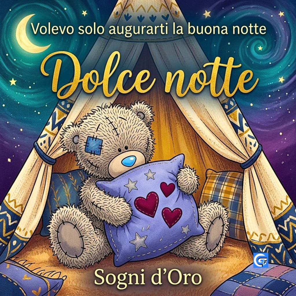 Un cervietto che dorme in una nuvola a cuore con testo Dolce notte.