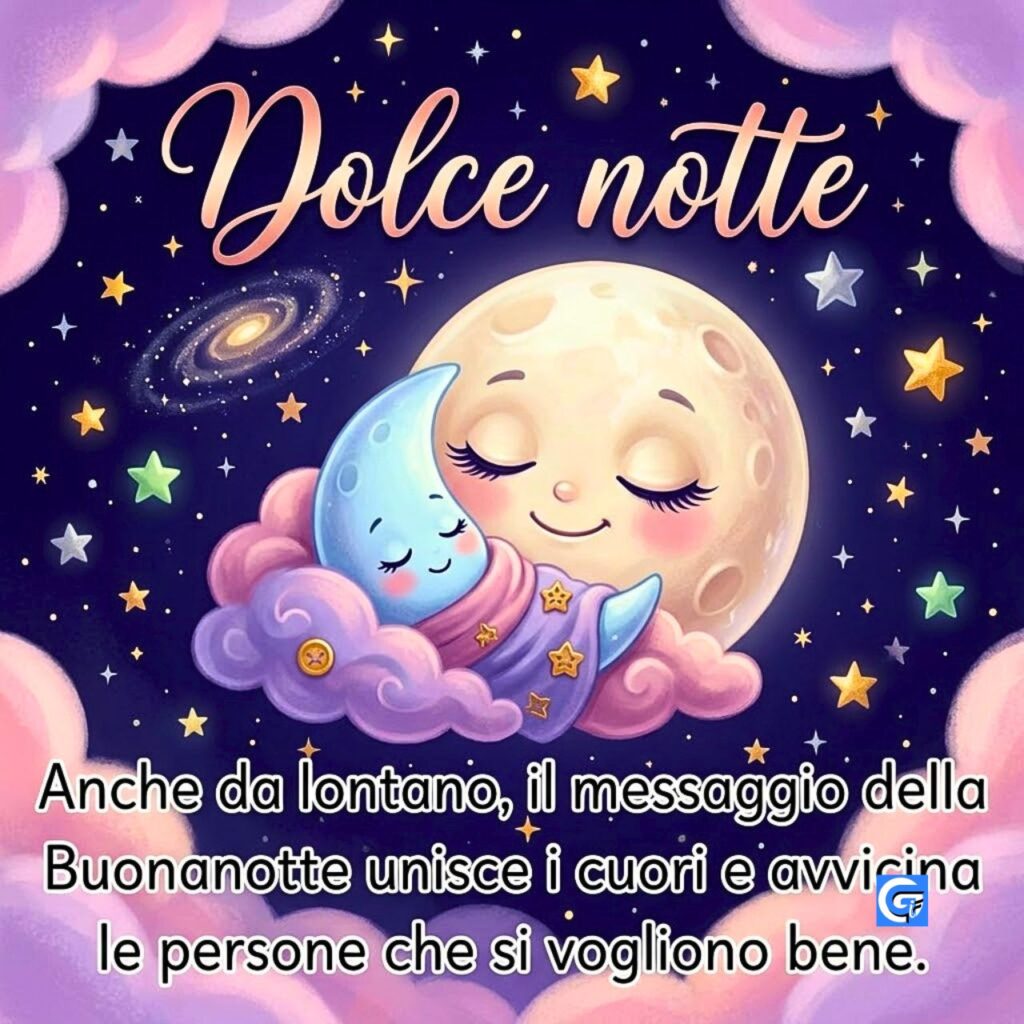 Luna piena culla luna crescente tra le stelle con testo Dolce notte e Buonanotte.
