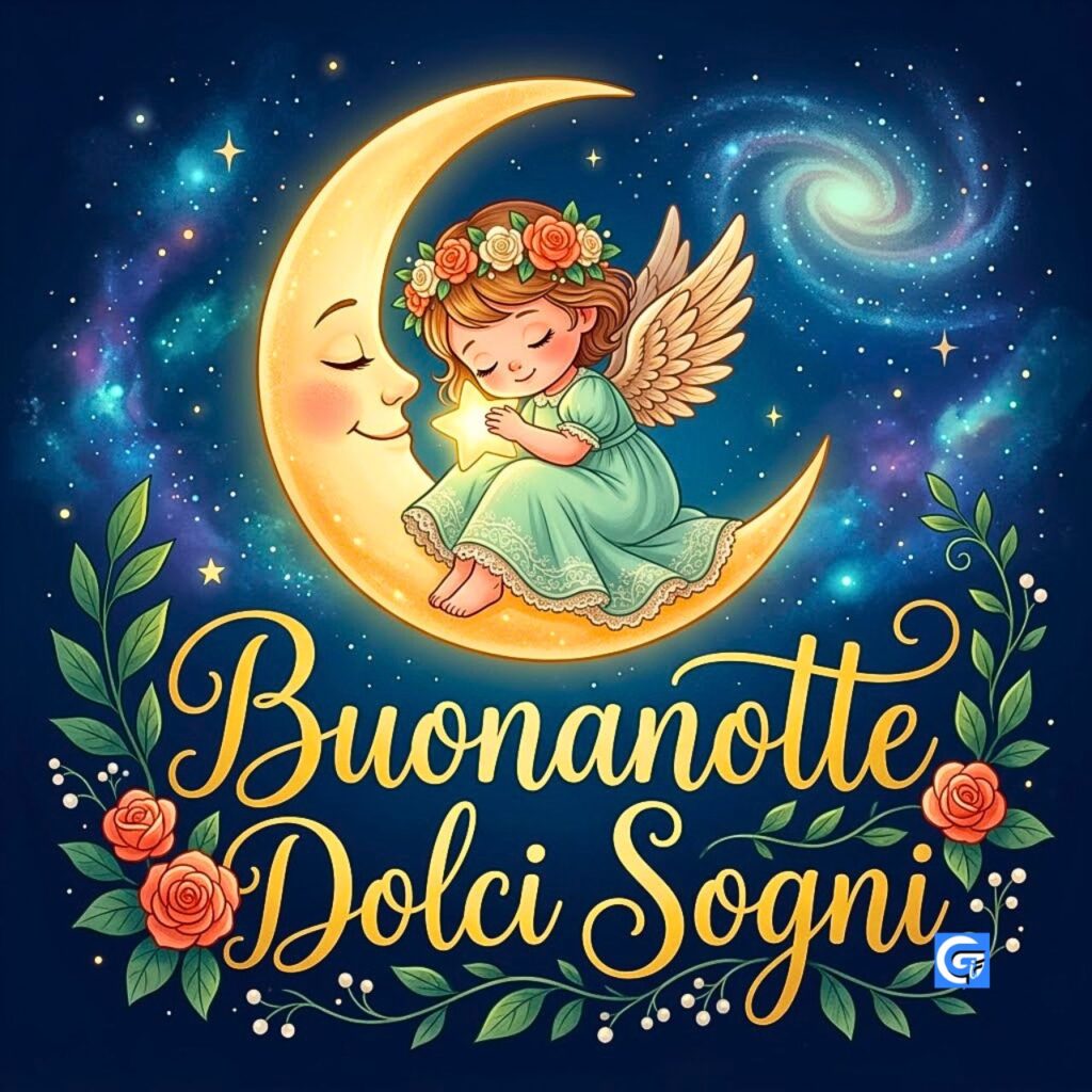 Angelo su luna sorridente con rose, stelle e scritta dorata Buonanotte Dolci Sogni.