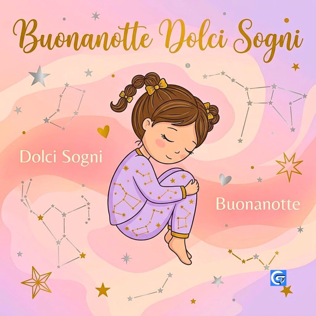 Bambina in pigiama stellare dorme su nuvola con testo Buonanotte Dolci Sogni e mappe celesti.