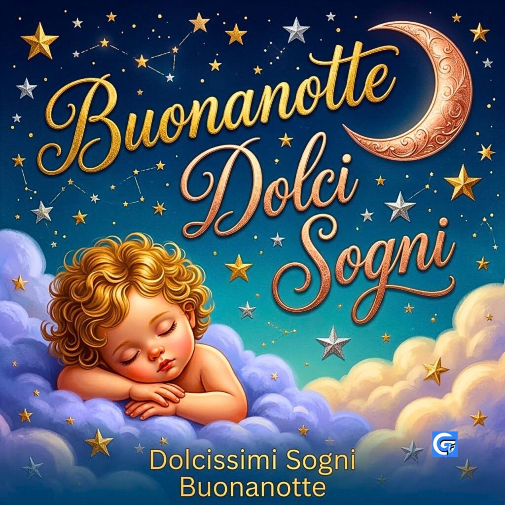 Bambino dorme sulle nuvole con luna e stelle, testo "Buonanotte Dolci Sogni"