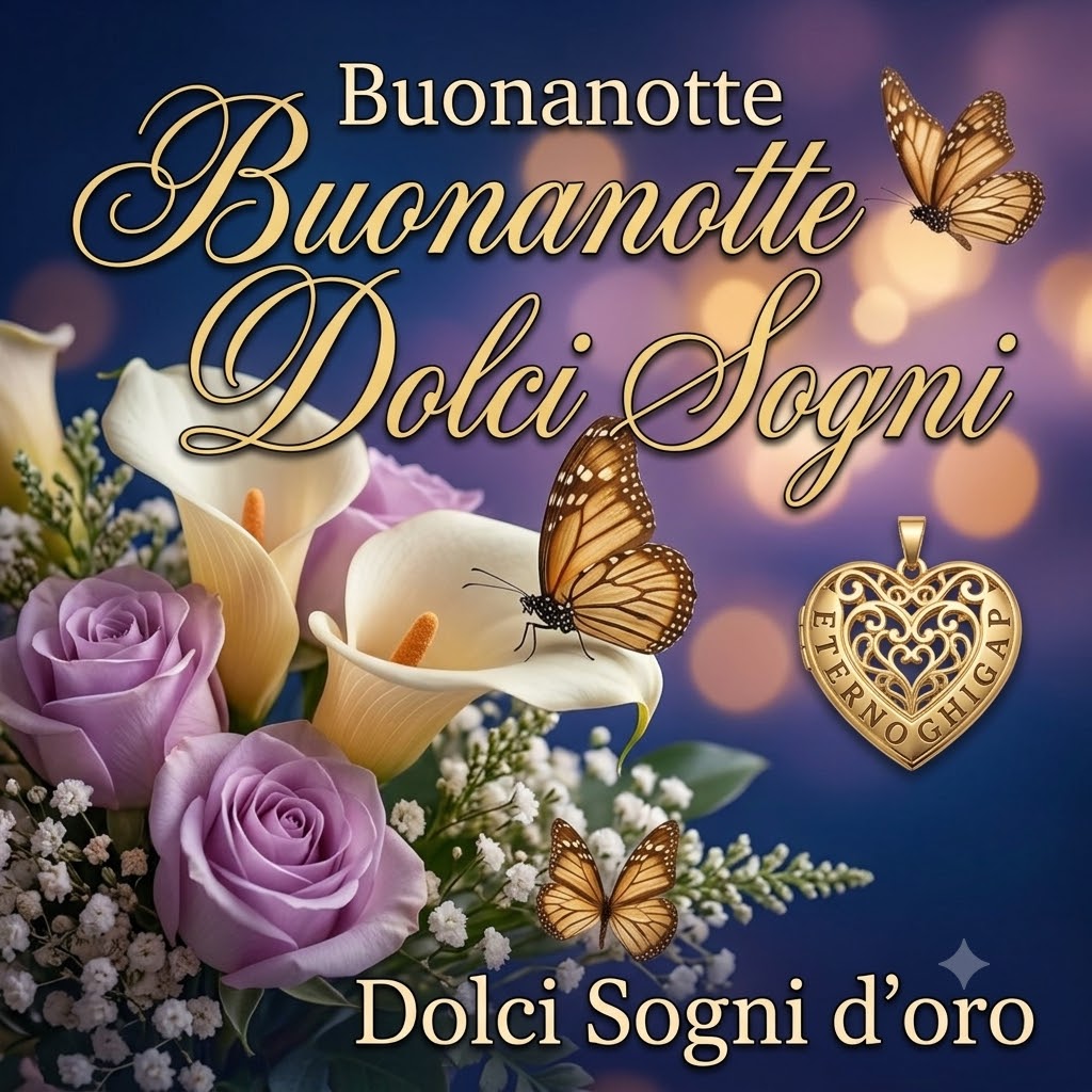 Calla, rose e farfalle d'oro con testo Buonanotte Dolci Sogni.