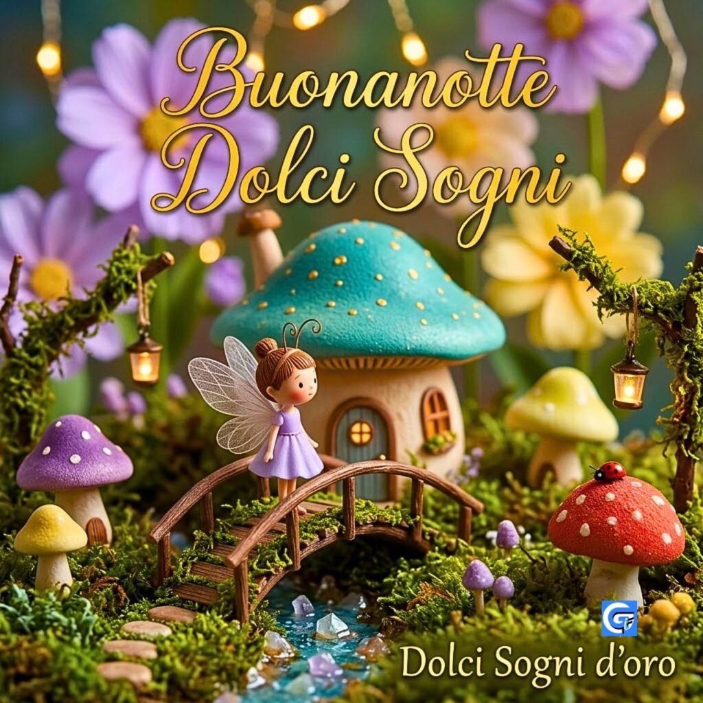 Una fata in miniatura su un ponte di ramoscelli in un villaggio di funghi, con il testo Buonanotte Dolci Sogni