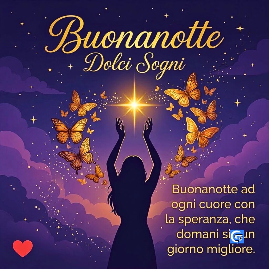 Siluetta di donna, farfalle dorate e cielo viola con testo Buonanotte Dolci Sogni e frase di speranza.