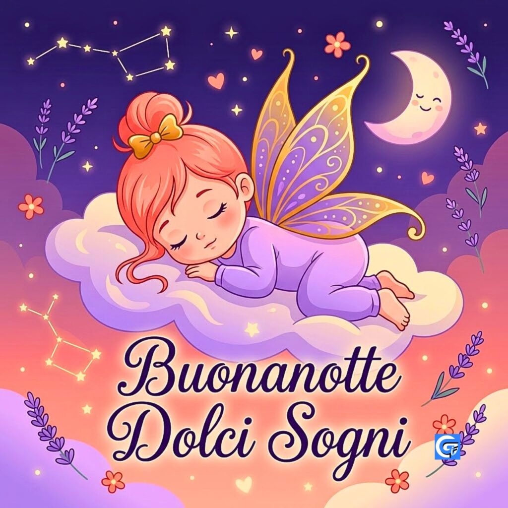 Una fata beb&egrave; addormentata su una nuvola viola con testo "Buonanotte Dolci Sogni".