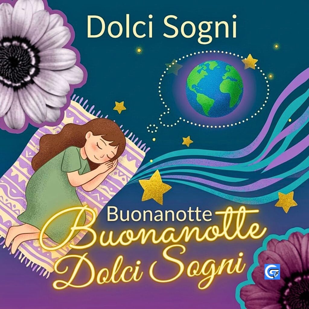 Bambina addormentata su tappeto con stelle e terra. Testo: Dolci Sogni, Buonanotte, Buonanotte Dolci Sogni.