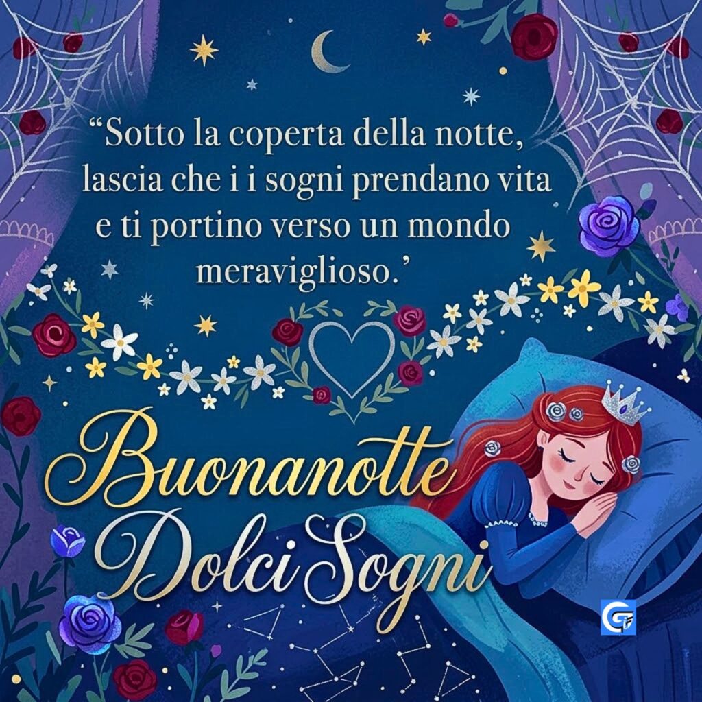 Principessa addormentata, luna, stelle e rose con testo calligrafico Buonanotte Dolci Sogni.