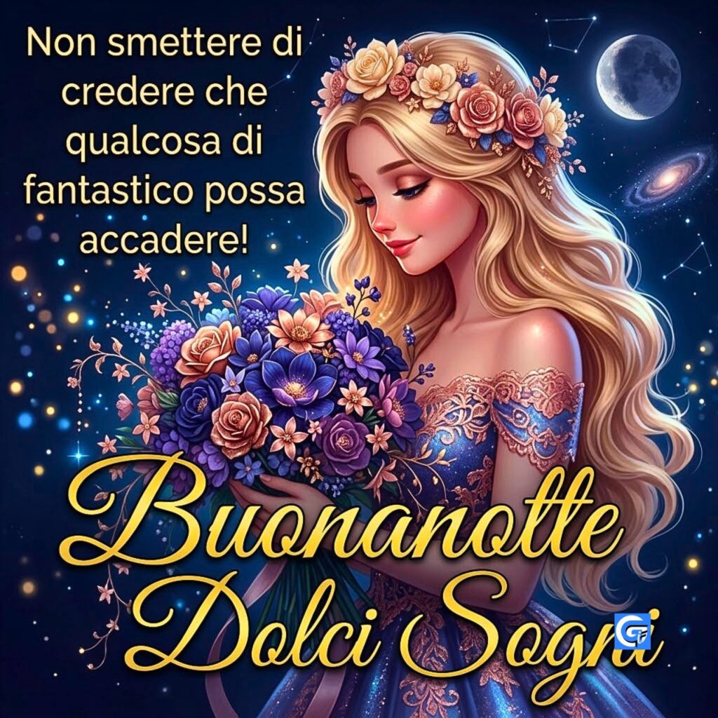 Principessa bionda con bouquet di rose sotto la luna e stelle. Testo: 'Buonanotte Dolci Sogni'.