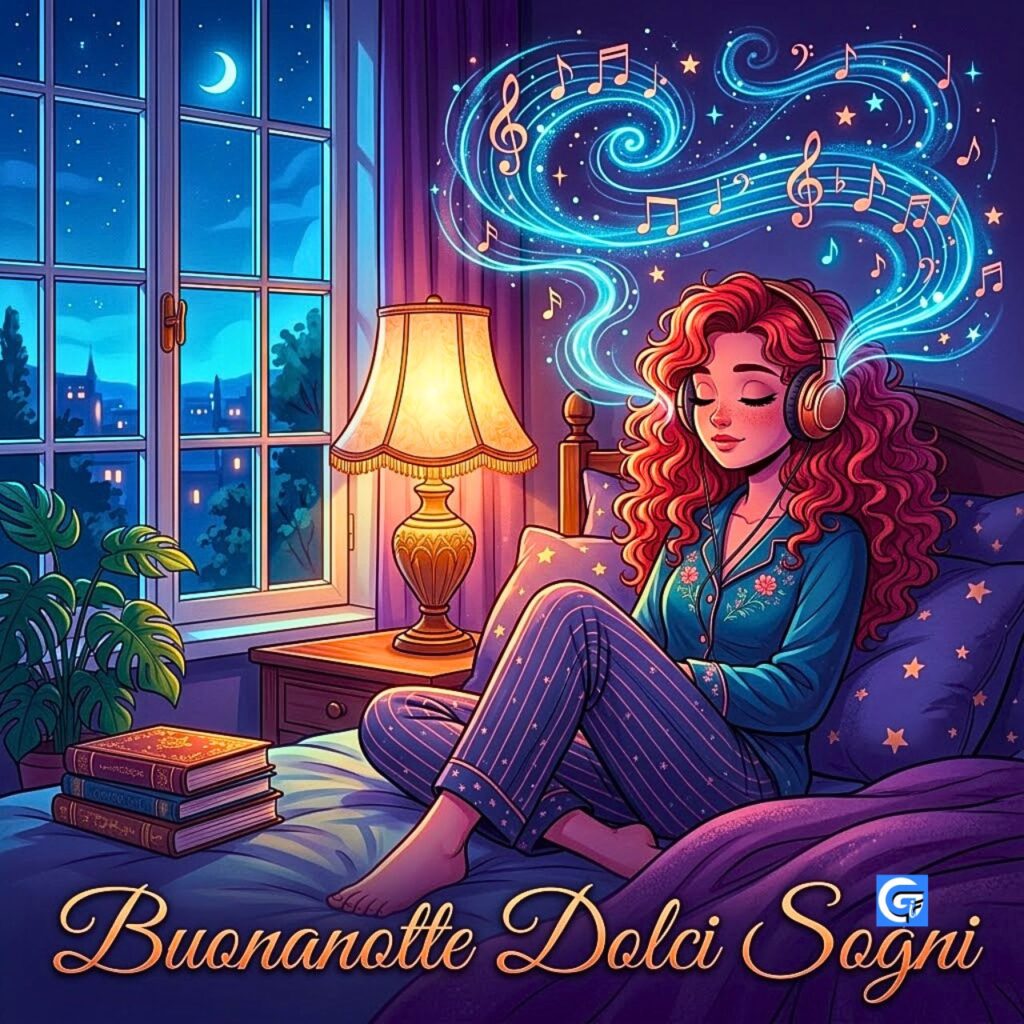 Ragazza con capelli rossi che ascolta musica, con note musicali blu e testo: Buonanotte Dolci Sogni.