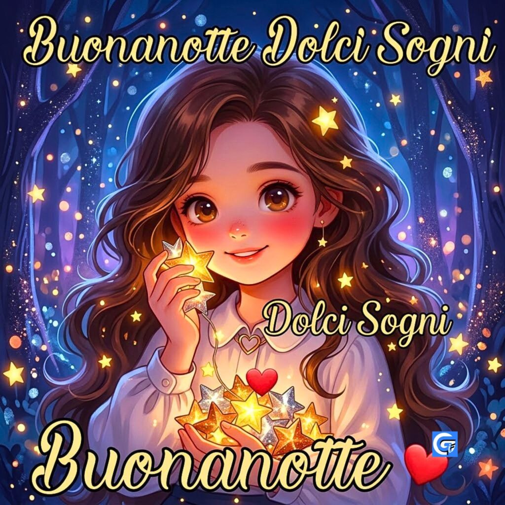 Ragazza anime con stelle in foresta magica testo Buonanotte Dolci Sogni cuori