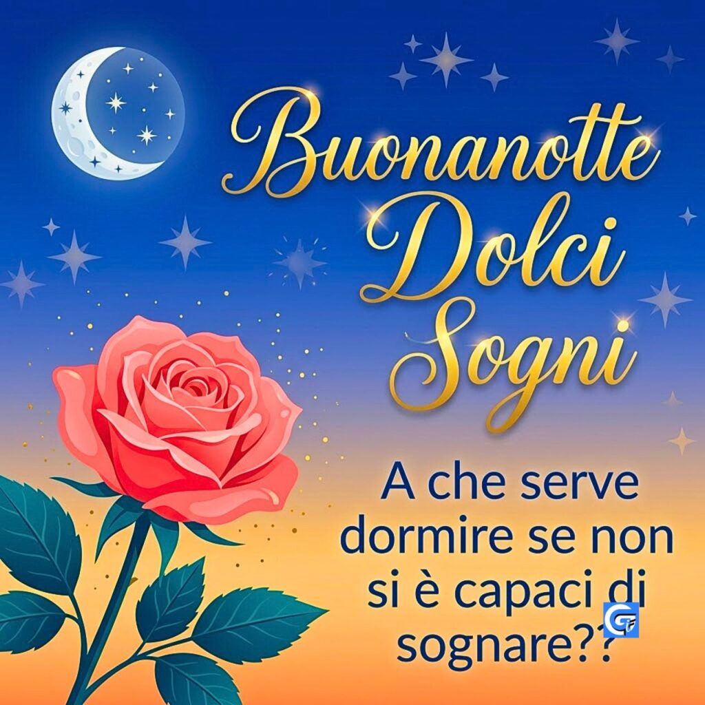 Rosa rosa, stelle e luna sotto la scritta Buonanotte Dolci Sogni.