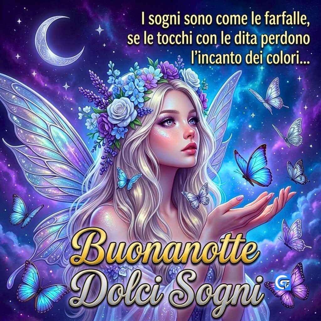 Fata alata con farfalle e luna, testo: "I sogni sono come le farfalle..." e "Buonanotte Dolci Sogni".