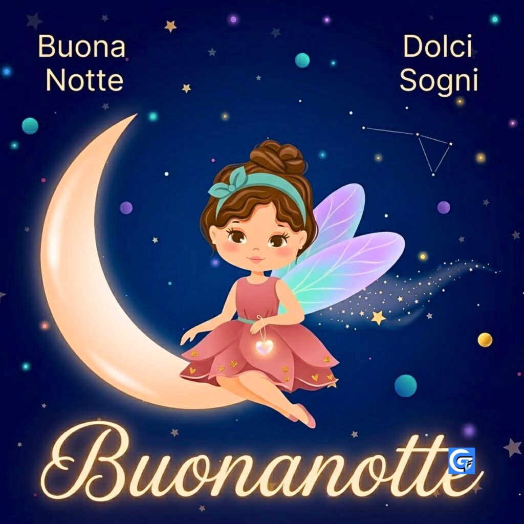 Simpatica fata su luna crescente luminosa; testo 'Buona Notte', 'Dolci Sogni' e 'Buonanotte' tra stelle.