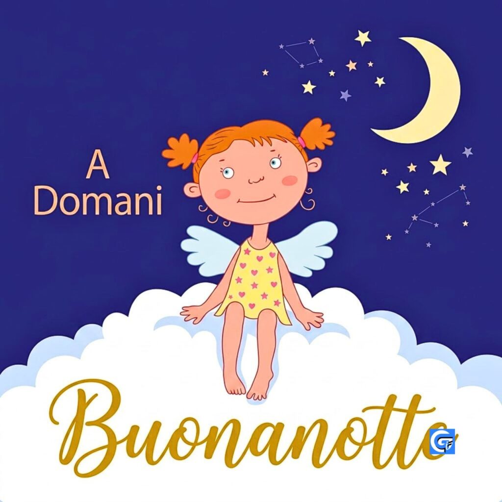 Fata-angelo seduta su una nuvola sotto la luna, con il testo "A Domani" e "Buonanotte".