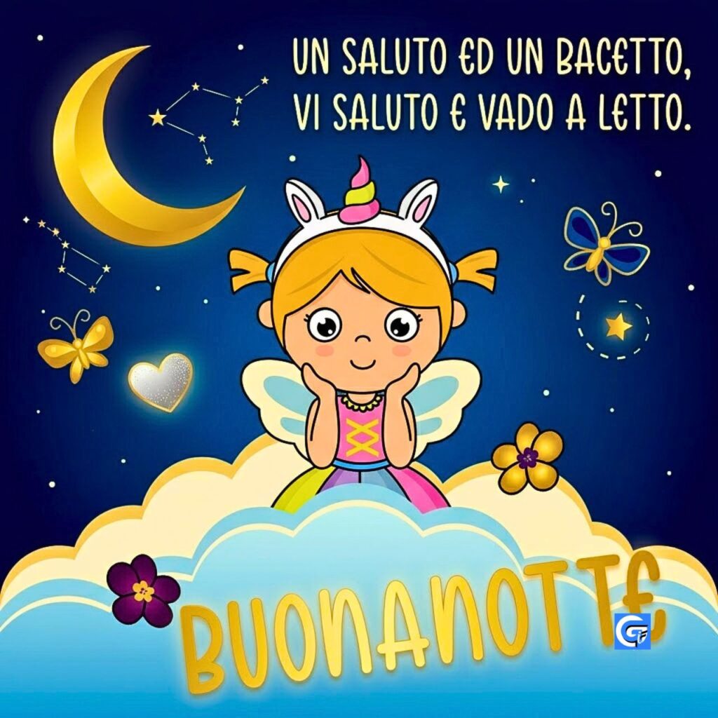 Cartone con fata unicorno tra nuvole e stelle con rima e testo 'Buonanotte'.