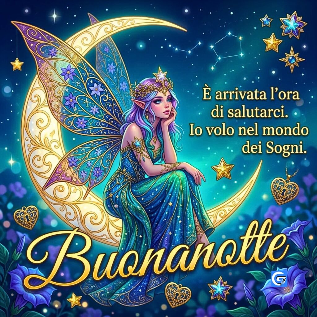 Una graziosa fata unicorno su una nuvola sotto un cielo stellato con il testo 'UN SALUTO ED UN BACETTO, VI SALUTO E VADO A LETTO.' e il grande testo 'BUONANOTTE'.
