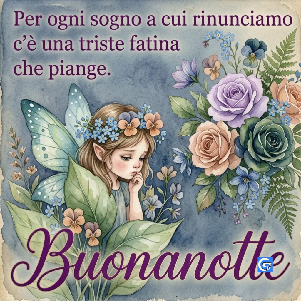 Fatina pensive ad acquerello tra rose e viole con testo "Buonanotte" e una poesia d'amore
