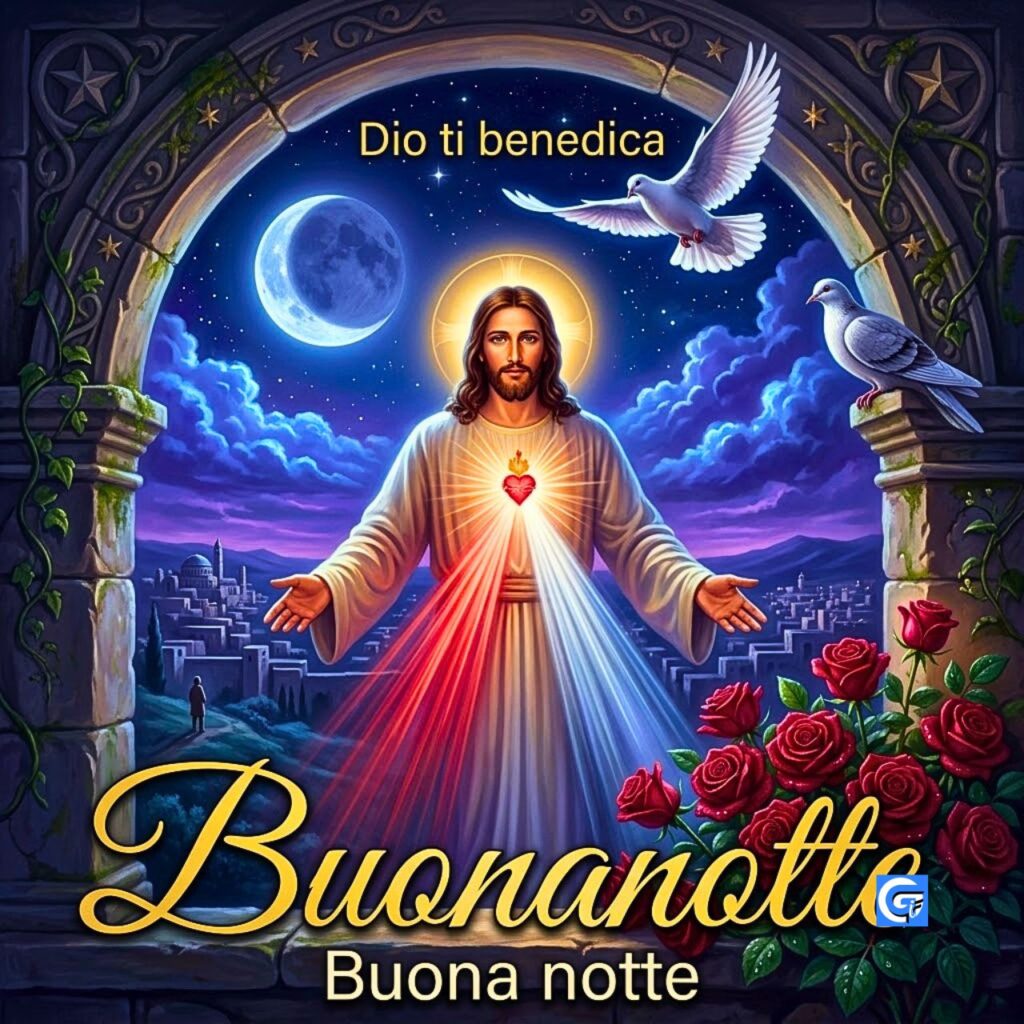 Ges&ugrave; Divina Misericordia con rose, colombe e scritte 'Dio ti benedica' e 'Buonanotte'.