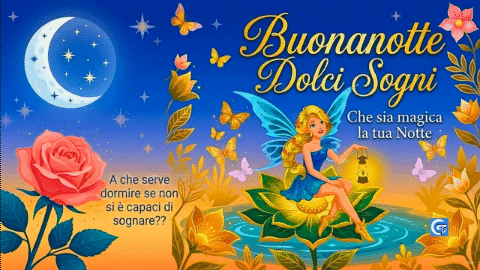 Fata magica su loto, rosa rosa, luna, stelle, e testo dorato Buonanotte Dolci Sogni.