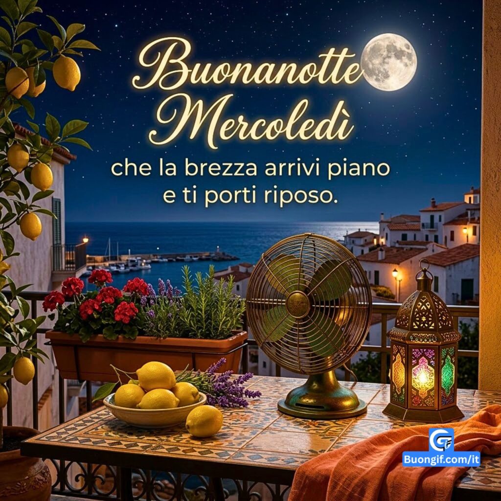 Balcone notturno sul mare con ventilatore, limoni, lanterna e testo Buonanotte Mercoledì.
