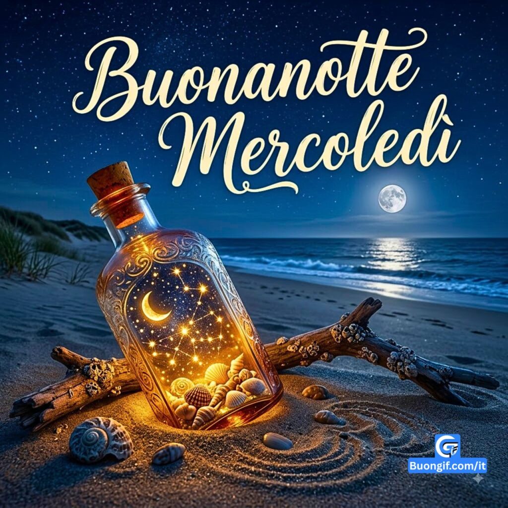 Bottiglia luminosa con stelle sulla spiaggia di notte e scritta Buonanotte Mercoledì.