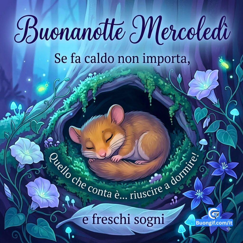Ghiro addormentato in un incavo dell'albero con il testo Buonanotte Mercoledì e fiori notturni.