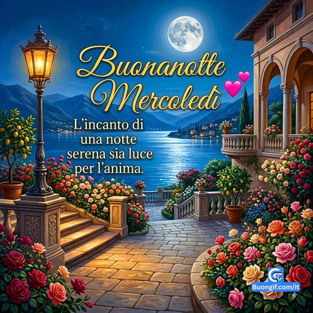 Un sereno giardino di rose su una terrazza affacciata sul lago sotto la luna piena con testo "Buonanotte Mercoledì".