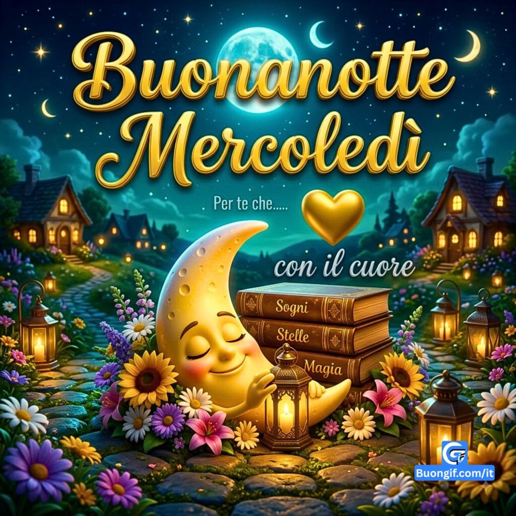 Una personificazione della luna che dorme su libri con fiori, lanterne e il testo Buonanotte Mercoledì.