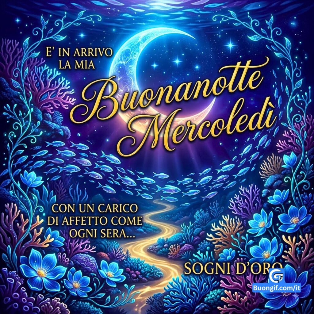 Mondo sottomarino magico con luna, pesci luminosi, fiori blu e testo Buonanotte Mercoledì.