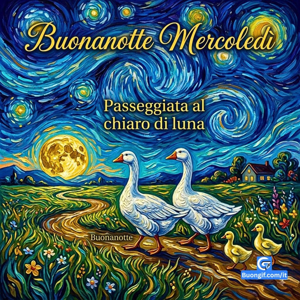Famiglia di oche che passeggia al chiaro di luna con testo Buonanotte Mercoledì.